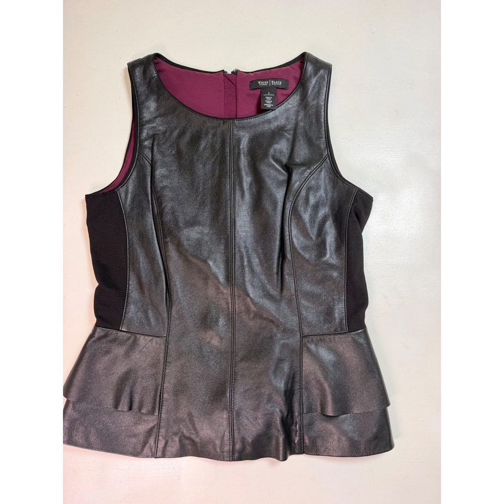 White House Black Market Leather Peplum Top Women 4 Black Excellent Tiered Hem